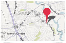 Small map of South River highlighting restaurant location.